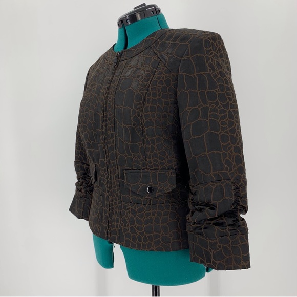 anthracite Brown Scale Print Zipper Closure 3/4 Ruched Sleeve Blazer, 10 - Picture 2 of 16